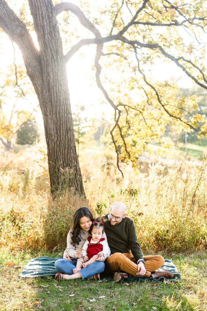 A family sitting on a blanket in front of a tree with glowing light behind them. 
