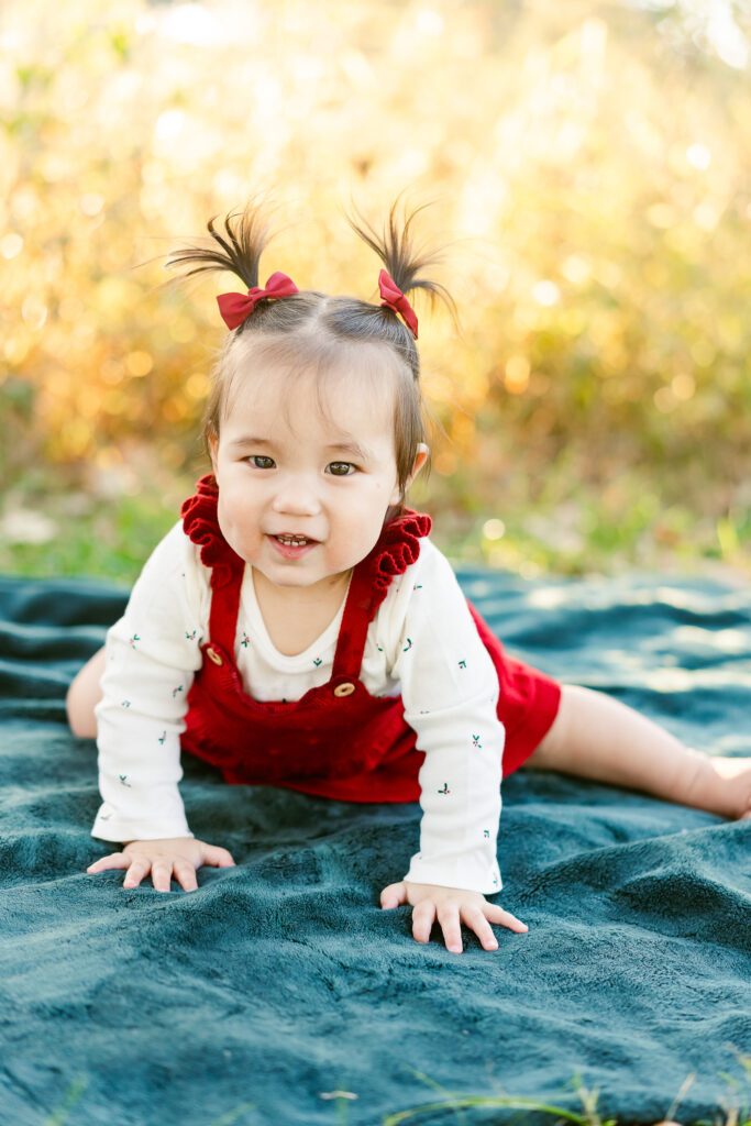 A small girl with pig tails smiling at the camera. 