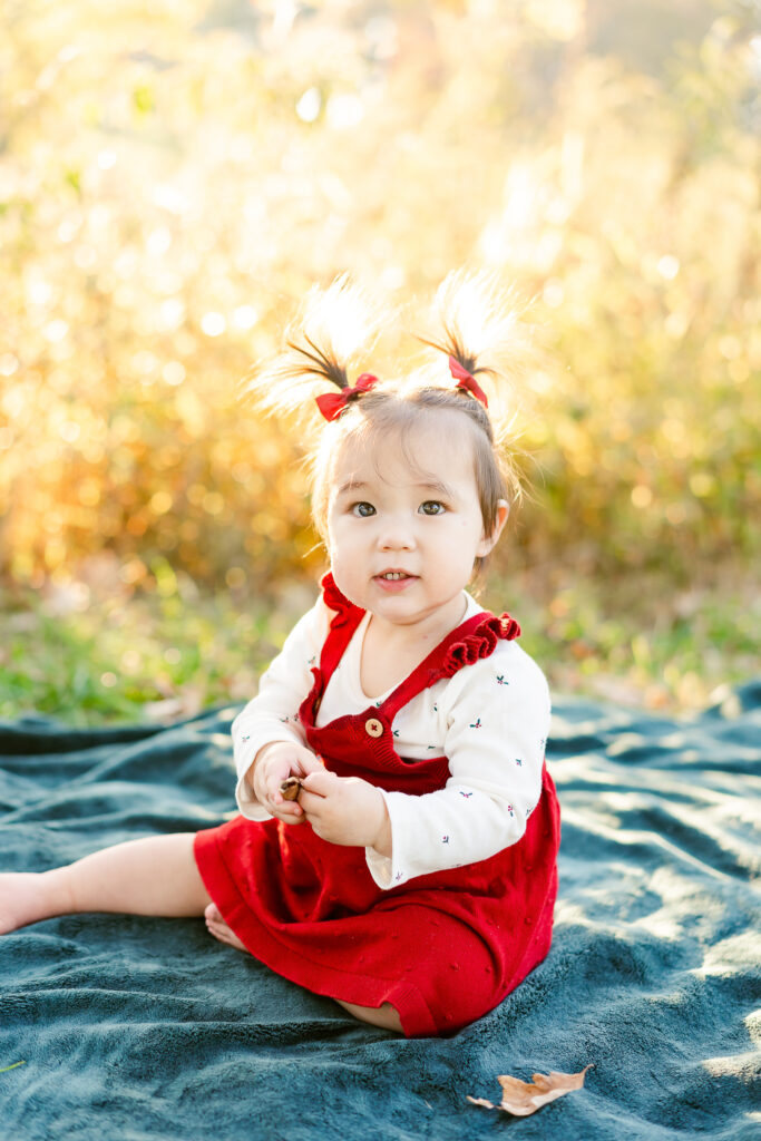 A small girl with pig tails smiling at the camera. 