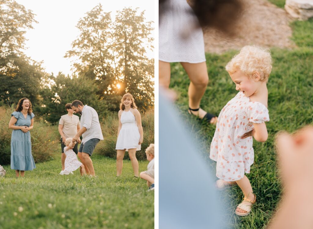 A family dancing with the sun setting behind them in the Forest Park Nature Playscape.