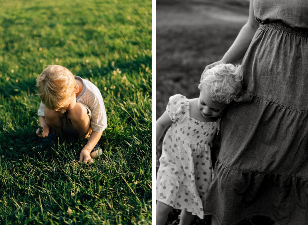 A set of two images. In the one on the left a little boy is crouched down picking a flower and on the right, a girl is leaning against her moms leg looking down. The image is black and white.