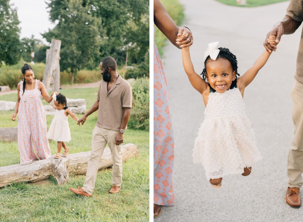 A set of two images. On the left a toddler balances and walks across a log while mom and dad hold her hands. St. Louis outdoor family photos. On the right mom and dad are lifting their daughter up as they walk.