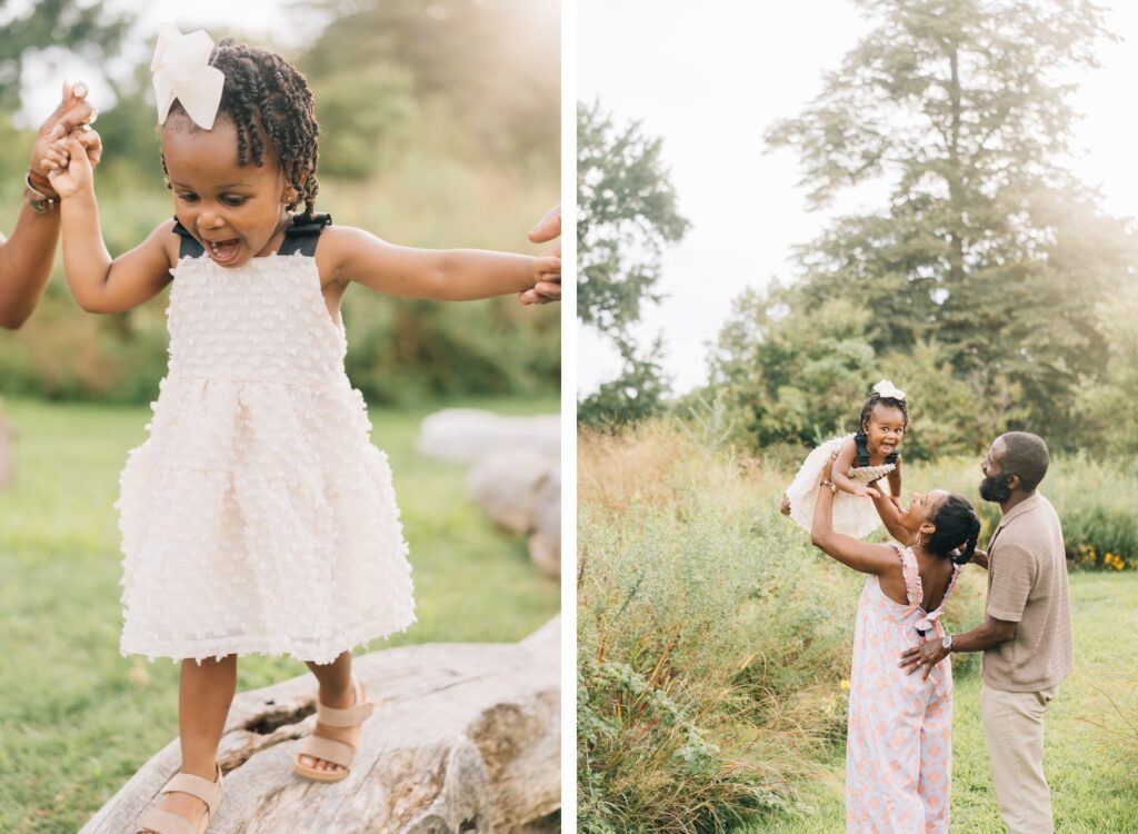 A set of two pictures. On the left- A toddler balances and walks across a log while mom and dad hold her hands. The picture is framed on the toddler. On the right, a mom and dad face their daughter and lift her up into the air. She has a big smile on her face.