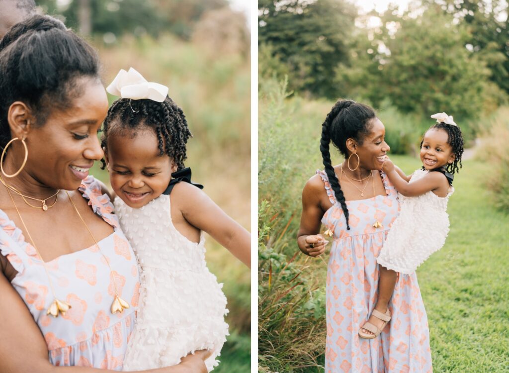 A set of two images, both of a mom holding her daughter.