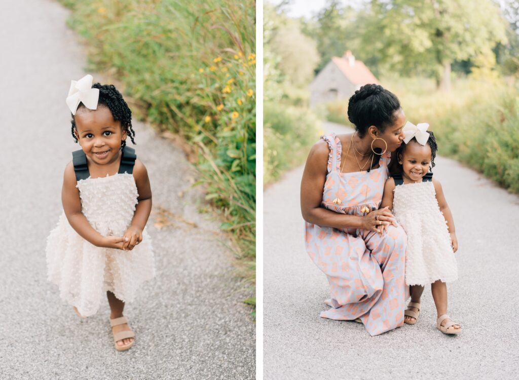 A set of two images side by side. On the left, a little girl smiles up at the camera while walking and on the right a mom kneels down by her daughter and gives her a kiss.