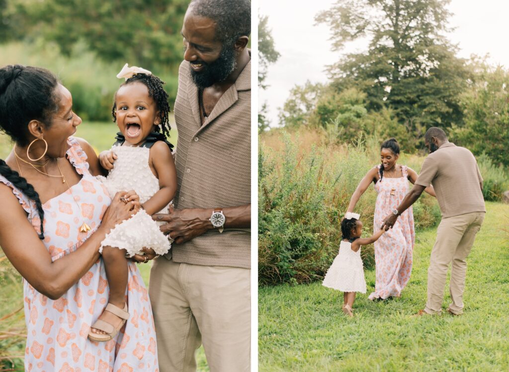 A set of two images. On the left the daughter is being held between mom and dad and they are all laughing. On the right, the three are doing ring around the rosy.