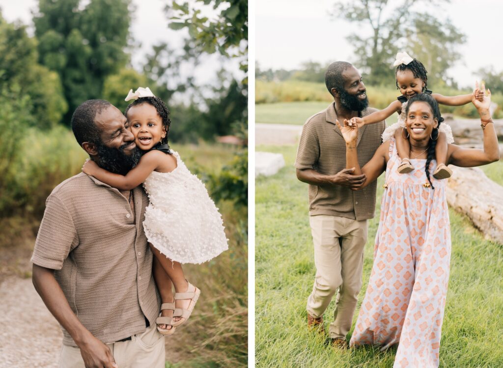 A set of two images. On the left- a dad holds his daughter and squeezes his eyes shut while smiling. The daughter hugs him tight. On the right, the family walks towards the camera with the toddler on mom's shoulders.