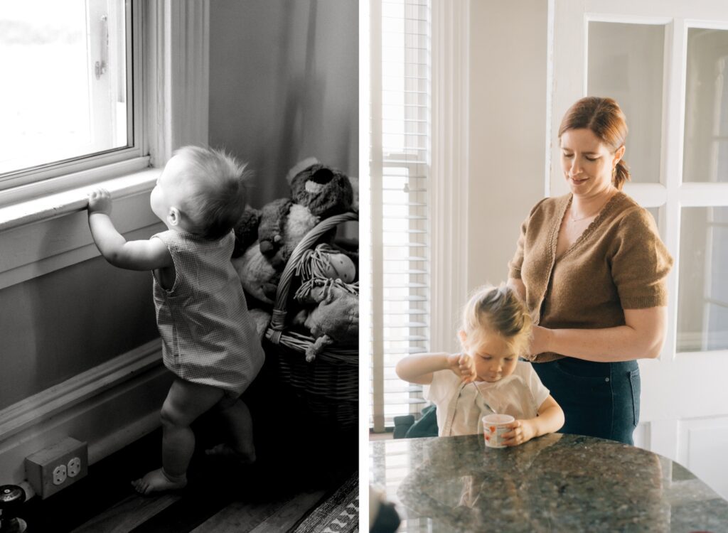 On the left- a black and white picture of a baby pulling himself up on the window sill.
On the right- a mom putting her daughter's hair in a ponytail while she eats some ice cream.