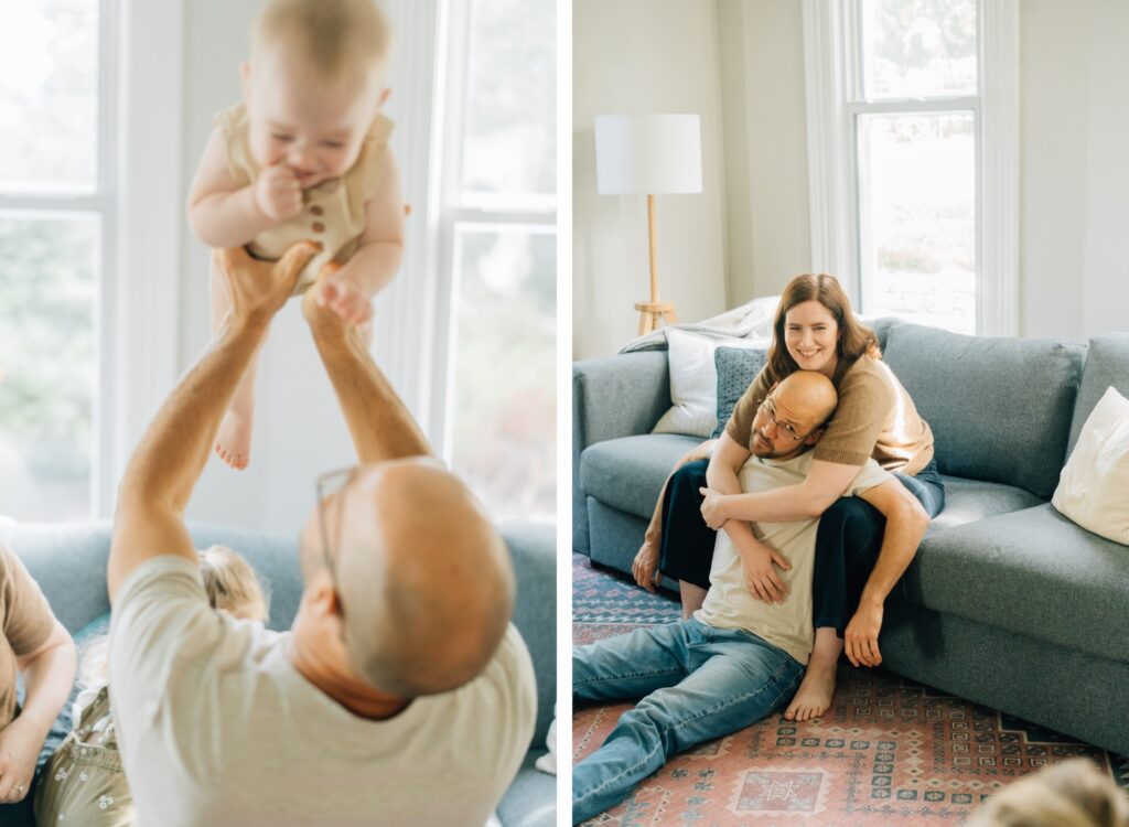 A dad raising a baby up on the left and a mom and dad hugging but looking slightly worn on the right.