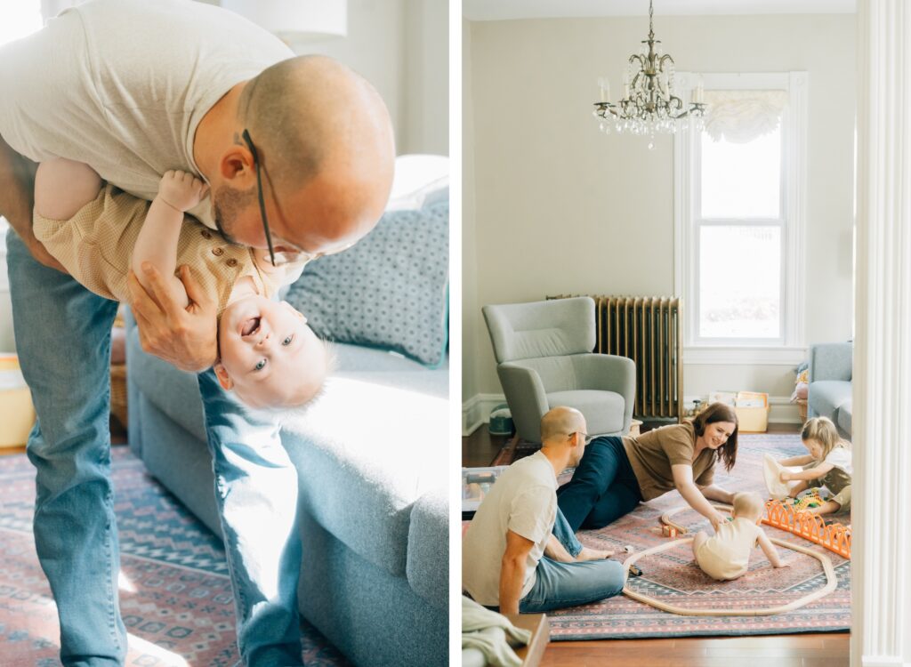 On the left- a father dipping his baby down. On the right- a family playing with a train set in their living room.